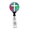 Cross - White On Plasma Christian Religious Symbol - Retractable Badge Reel - ID Name Tag Custom Badge Holder (Black Badge Reel Spring Pinch Clip)