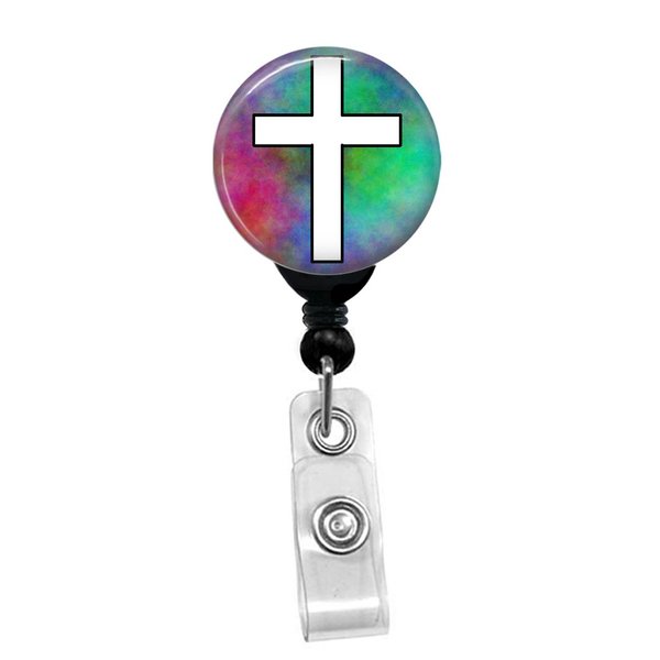 Cross - White On Plasma Christian Religious Symbol - Retractable Badge Reel - ID Name Tag Custom Badge Holder (Black Badge Reel Spring Pinch Clip)