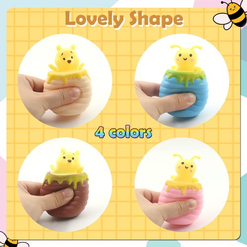 GuTiQuanjj 4-Piece Honey Pot (Bee, Bear) Squeeze Toys Miniature Novelty Toys for Gift Colorful Squishy Toys for Emotional Healing Sensory Stress Relief Fidget Toys for Anxiety Relief, ADHD