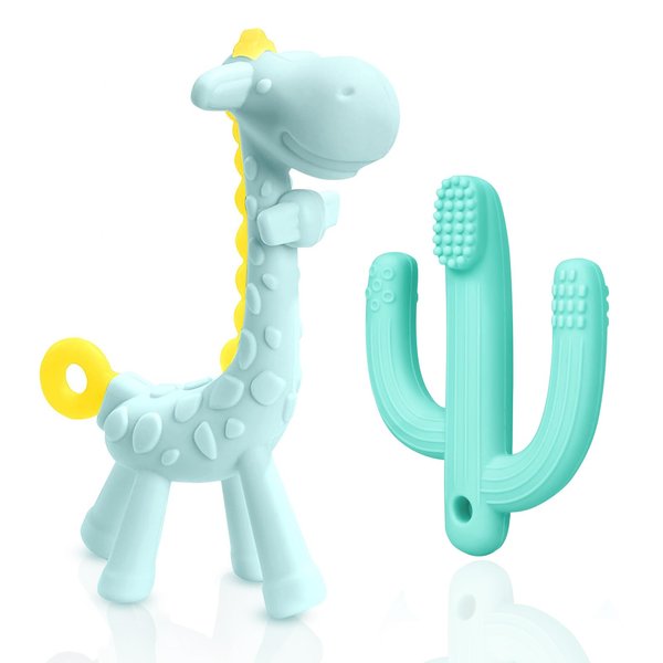 SHARE&CARE BPA Free Silicone Giraffe Baby Teether and Cactus Baby Toothbrush Teether, for 3 Months Above Infant Sore Gums Pain Relief and Baby Shower (Blue)
