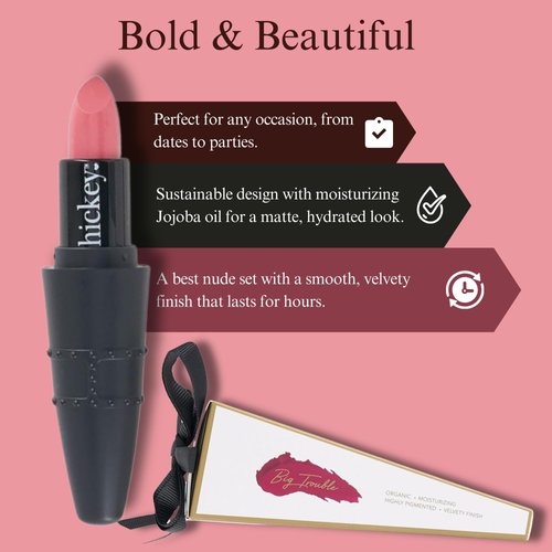 Hickey Lipstick Organic Nude Refillable Lipstick | 24 Hour Lipstick for Women | Moisturizing & Long Lasting Lipstick, Gluten Free, Vegan and Highly Pigmented Lipstick with Velvet Finish