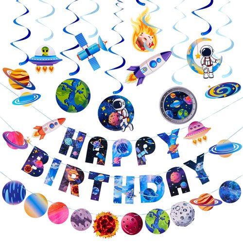 SUNBEAUTY 37PCS Space Galaxy Birthday Decorations Space Themed Party Supplies Solar System Kit Outer Space Galaxy Party Party Decorations Space Themed Party Favors