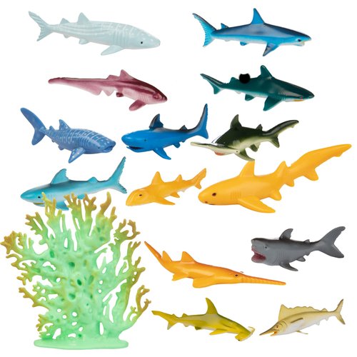 Sharks Toys Action Figure Bucket- 41pc Playset- Fun Deep Sea Fish Set Includes Great White Shark, Hammerhead, Whale & More- Great Bathtub & Sandbox Toy, Party Decoration & Stocking Stuffer Xmas Gift