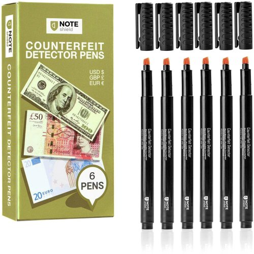 NoteShield 6 Pack Counterfeit Detector Pen Counterfeit Pens Bill Pens Money Marker Detect Fake Marker, Check Bills False Currency Counterfit Marker Pen