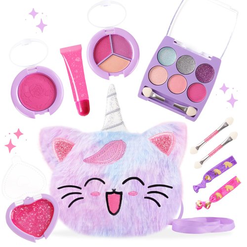 Prinbarbee Toddler Makeup Kit Age 3-4 with Mini 5x4.3in Coin Purse,Real, Non Toxic, Washable Make Up Toy for Little Girls,Unicorn Play Makeup Set for Kids 3-12,Birthday (Tie-Dye Purple)