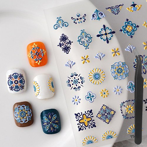 Bohemian Style Nail Art Stickers Self-Adhesive Bohemia Designs Nail Stickers 5d Embossed Bohemia Nail Decals Summer Nail Supplies for Women Girls Nail Art Decoration Accessories 1 Sheets