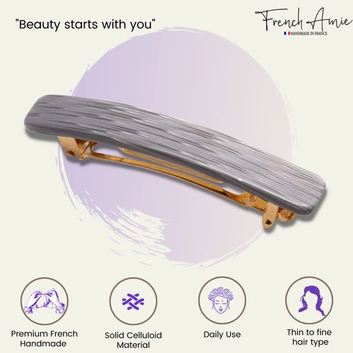 French Amie Small 2 1/4 inch Celluloid Handmade Hair Barrette No Slip Grip Durable Styling Women Hair Accessories Hair Clip for Girls, Made in France(Metallic Grey)
