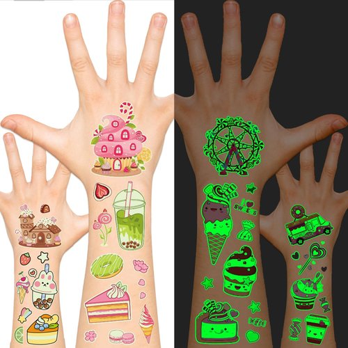 EMOME 150 Styles Glow Ice Cream Tattoos Stickers, Kids Tattoos Temporary for Candyland Birthday Party Decorations, Ice Cream Themed Party Decorations Favors Accessories Games (12 Sheets)