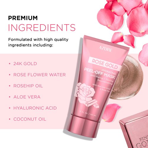 AZURE Rose Gold Hydrating Peel Off Face Mask- Anti Aging, Toning & Rejuvenating - Removes Blackheads, Dirt & Oils - With Gold and Rose Water - Skin Care - 150mL / 5 fl.oz.