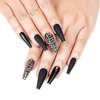 Kikmoya Extra Long Coffin Press on Nails, Crystal Luxury Nails with Grey Black Rhinestones, Black Pure Color Glitter, 24pcs Glossy False Nails Fake Tips, Finger Manicure for Women and Girls (K26)