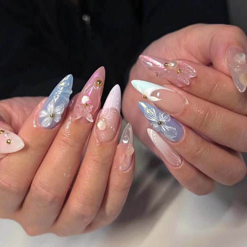 BABALAL Almond Press on Nails Medium Fake Nails 3d Sliver Chrome Design Glue ons Nails Flower Butterfly Aurora Acrylic Nails 24Pcs Coquette Stiletto Handmade Manicure False Nails