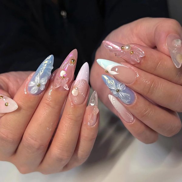 BABALAL Almond Press on Nails Medium Fake Nails 3d Sliver Chrome Design Glue ons Nails Flower Butterfly Aurora Acrylic Nails 24Pcs Coquette Stiletto Handmade Manicure False Nails