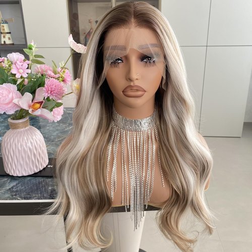 Carkira Platinum Lace Front Wig Highlight Honey Blonde 13x4 Ombre Color Long Body Wave Synthetic Fiber Wigs 22Inch for Women Girls