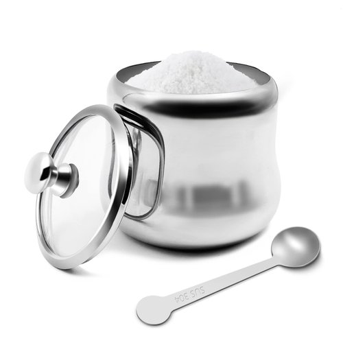 XHKDSYMC 300ml Stainless Steel Sugar Bowl with Lid and Spoon 10 OZ Coffee Seasoning Jar Condiment Pot Spice Container Canister Cruet with Lid and Spoon (Style B)
