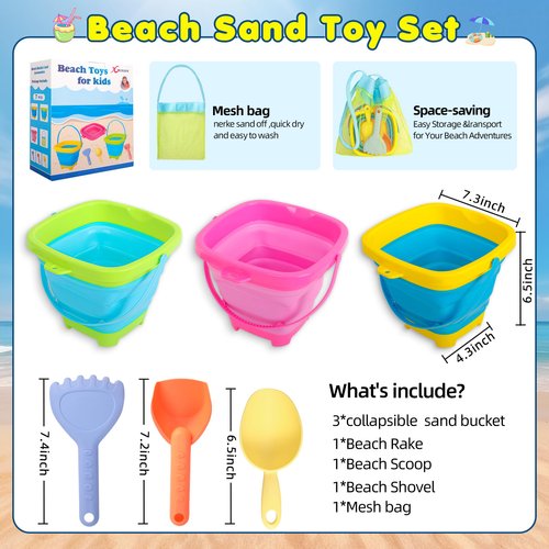 Xgunion Collapsible Beach Sand Bucket 3 Packs Foldable Sand Buckets Set with Shovels & Mesh Bag Collapsible Beach Toys for Kids Summer Sand Buckets for Kids Cruise Beach Essentials