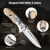 KEXMO Folding Pocket Knife - 3.46" Sharp Blade Olive Wood Handle Pocket Knives with Clip, Glass Breaker - EDC Knife for Dad Women Tactical Hunting Survival Camping Fishing Hiking Gift - Sliver