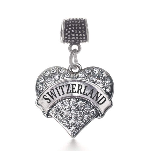 Inspired Silver - Switzerland Memory Charm for Women - Silver Pave Heart Charm for Bracelet with Cubic Zirconia Jewelry