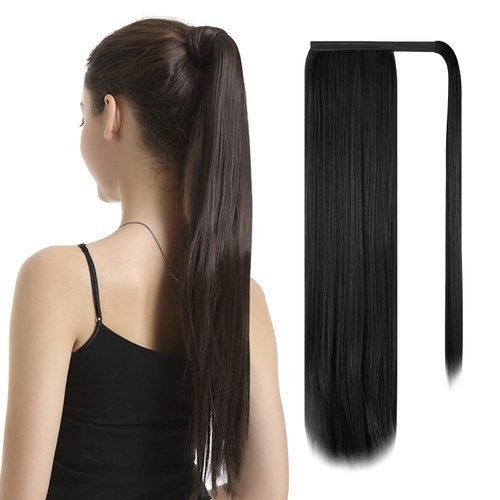BARSDAR 30 In Straight Ponytail Extension Long Straight Wrap Around Clip in Ponytail Hair Extensions Black Synthetic Pony Tails Hair Pieces for Women Girls Daily - Black