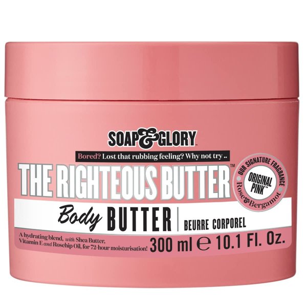 Soap & Glory The Righteous Moisturizing Body Butter - Hydrating Body Moisturizer for Dry Skin with Shea Butter, Vitamin E & Rosehip Seed Oil - Rich Body Cream for Women & Men (300ml)