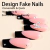 French Tip Press on Nails Medium Coffin Square Black Fake Nails 3D Butterfly Charms with Rhinestones Acrylic Glue on Nails Full Cover Pink False Nails Stick on Nails for Women Girls Manicure 24Pcs