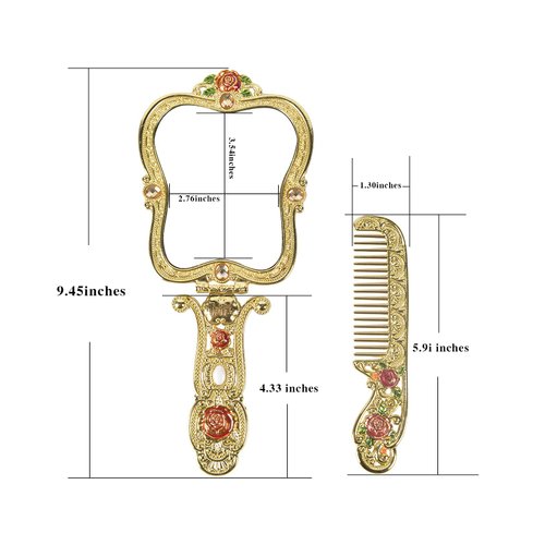 Nerien Antique Mirror Comb Set Vintage Metal Handheld Makeup Mirror with a Comb Russian Style Embossed Rose Hand Mirror Travel Portable Foldable Mirror Decorative Tabletop Stand Mirror Gold-1