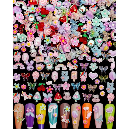 Pack of 200pcs Cute & Sweet 3D Nail Charms for Acrylic Nails, Perfect for Nail Art Decorations & DIY Accessories Crafts，Flower Bee Bear Butterfly Charms for Nail (#2-multi-color 200pcs)
