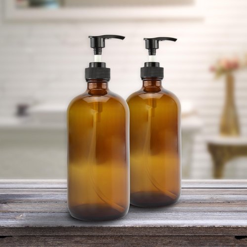 Cornucopia 16oz Amber Glass Bottles w/ Pump Dispensers (2-Pack); Refillable Lotion Liquid Soap Pump Brown Bottles + Chalk Labels & Lids, BPA-Free Plastic Tops