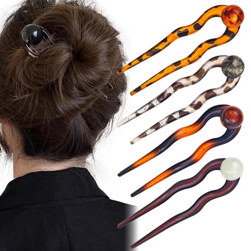 4 PACK U Shaped Acetate French Hair Pin, French Hair Forks Tortoise Shell for Buns Tortoise Shell 2 Prong Bun Hair Sticks for Women Thick Long Hair Hair Accessories for Women Christmas and Holiday