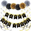 TaoBary 15 Pcs New Year's Eve Party Supplies for 2025 Happy New Year Decorations Black Gold New Year Banner Swirl Streamers Pom Poms Glow Lights New Year's Eve Decorations Batteries Not Included