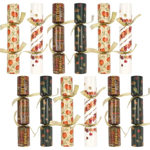 JOYIN 12 Pack Thanksgiving Party Table Favor No Snap No Popping with Party Hat, Joke & Gift Inside, Thanksgiving Holiday Traditions, Random gifts with Autumn Leaves, Pumpkin, Lettering Designs