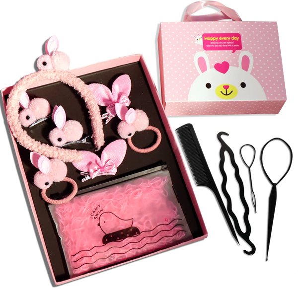 Lovely Simulation Rabbit Hair Ties, Hair Scrunchies For Girls Elastic Ponytail Holders Rubber Band For Hair, Kid Hair Clip,Headbands,Hair Accessories Set For Baby and Kids 1011PCS (Pink)