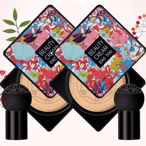 2 Pack Mushroom Head Air Cushion CC Cream, Beauty Cream EXO TOO, Moisturizing, Long Lasting Matte Base Beauty Cream Makeup with Two Mushroom Head Sponges