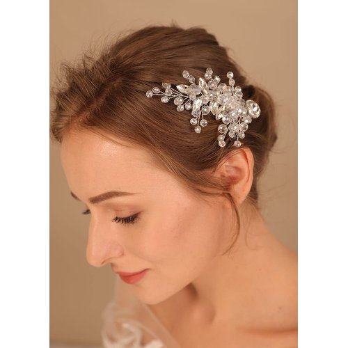 Denifery Blue Crystal Bride Wedding Hair Comb Silver Crystal Hair Comb Clip Bridal Hair Accessories Rhinestone Hair Clip for Women and Girls (White)