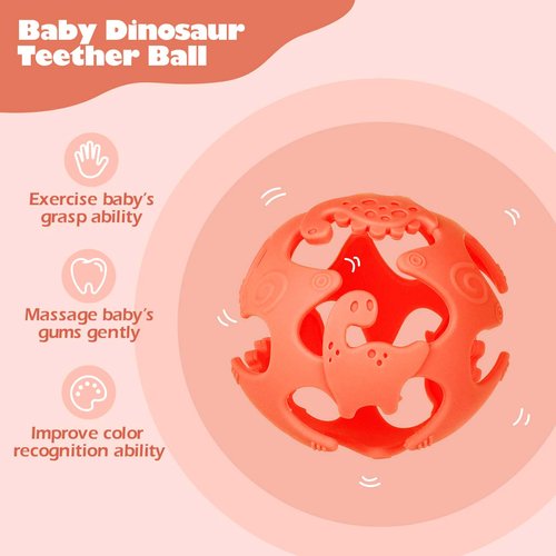 Baby Teething Toys for 3+ Months, Dinosaur Teethers for Babies, Safe Baby Teether Ball, Baby Teething Pacifier, Soft and Durable Teething Balls, (Red)