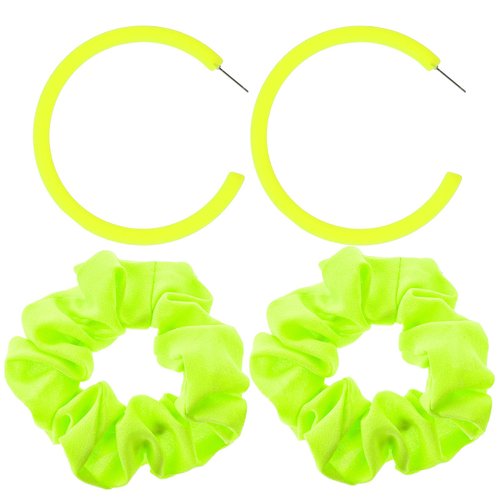 Neon Scrunchies & Neon Earrings 80s Neon Hair Accessories Elastic Neon Hair Scrunchies Neon Hoop Earrings for Women Girl Halloween Party Decorations,4Pack (Fluorescent Yellow)