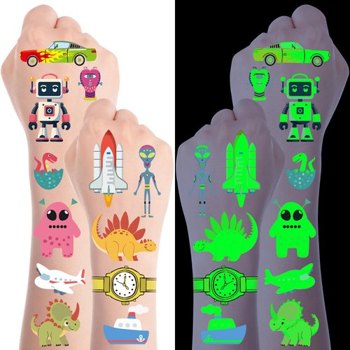 Luminous Space Temporary Tattoo for Kids - Luvsweets 25 Sheets Alien Glow In The Dark Temporary Tattoos Cartoon Dinosaur Car Glitter Fake Tattoo Stickers for Boys Halloween Party Supplies Decor Favors