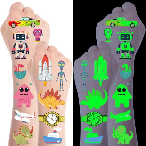 Luminous Space Temporary Tattoo for Kids - Luvsweets 25 Sheets Alien Glow In The Dark Temporary Tattoos Cartoon Dinosaur Car Glitter Fake Tattoo Stickers for Boys Halloween Party Supplies Decor Favors