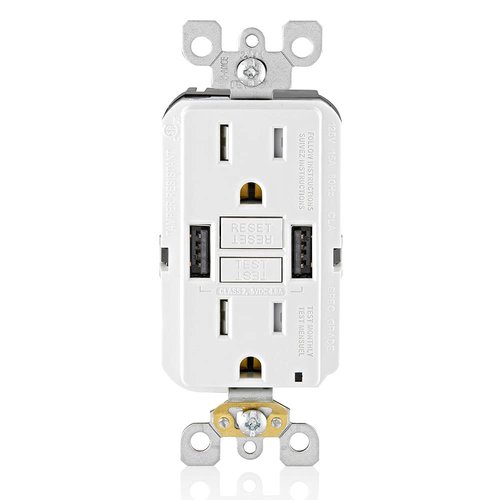 Leviton GUSB1-W 15A SmartlockPro GFCI Combination Type A USB In-Wall Charger Outlet, USB Charger for Smartphones and Tablets, White