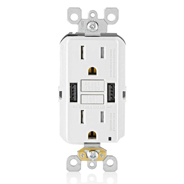 Leviton GUSB1-W 15A SmartlockPro GFCI Combination Type A USB In-Wall Charger Outlet, USB Charger for Smartphones and Tablets, White