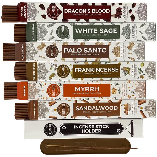 Woody Incense Sticks Variety Pack - 120 Insence-Sticks (6 Incents x 20 Insenses) - White Sage, Palo Santo, Dragons Blood, Sandalwood - Natural Incense Set Inciensos with Stick Incense Holder