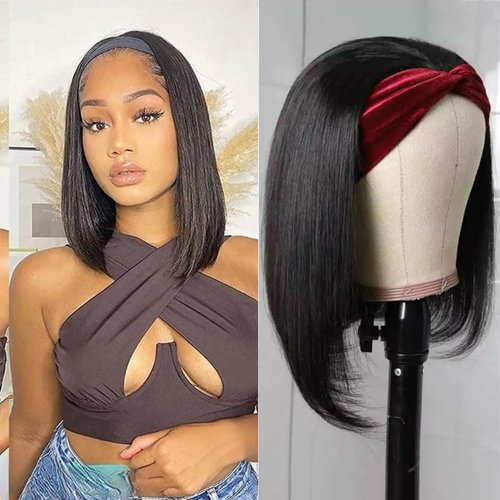 Annora Bob Headband Wigs Human Hair Short Straight Headband Wigs for Black Women Wear and Go Glueless Wigs Short Bob Wigs Human Hair 150% Density No Lace Headband Wig Natural Color 10 Inch