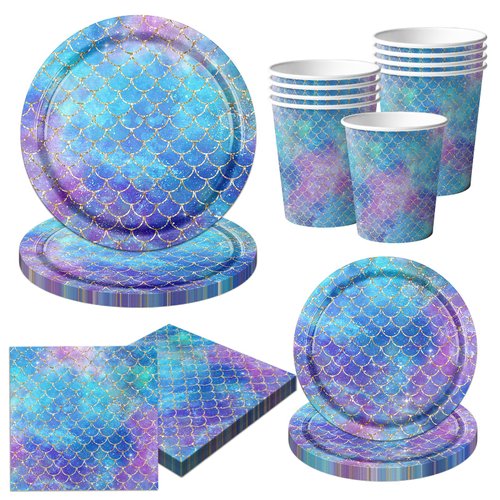 Mermaid Party Tableware Supplies,80Pcs Purple Blue Little Mermaid Birthday Decorations Set Mermaid Party Plates and Napkins Disposable Mermaid Dinnerware for Under The Sea Ocean Theme Party Serve 20