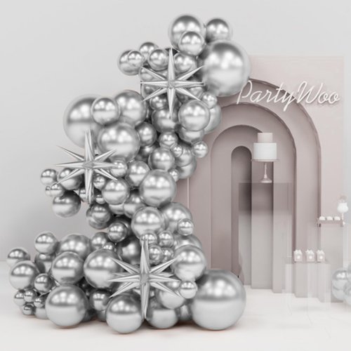 PartyWoo Metallic Silver Balloons, 110 pcs 22 Inch Star Balloons and Silver Balloons Different Sizes Pack of 18 Inch 12 Inch 10 Inch 5 Inch for Balloon Garland, Birthday Decorations, Party Decorations