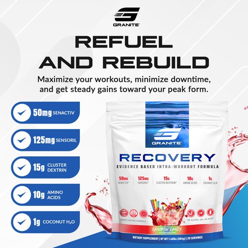 Granite Recovery for Intra & Post Workout |10g Aminos, Electrolytes, Cluster Dextrin for Muscle Recovery & Growth | Amino Acids Supplement with Sensoril | 20 Servings | Rainbow Candy