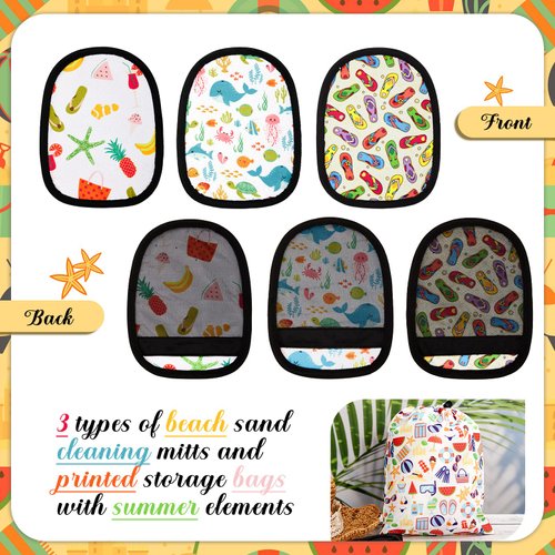 Skyley 3 Pcs Sand Off Beach Mitt Wipe Sand Remover with Portable Drawstring Bag Beach Travel Mitt for Ocean Beach Volleyball Beach Activities Sand Occasion, 3 Colors (Summer Beach)