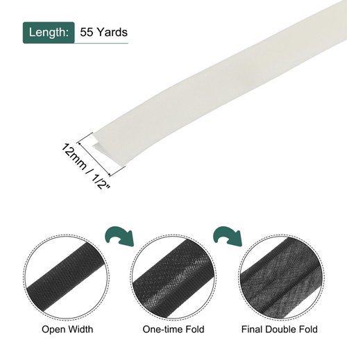 MECCANIXITY 1/2 Inch Double Fold Bias Tape Polyester Continuous Bulk Bias Tape for Sewing,Seaming Quilting Hemming Binding Crafts (Beige White 55 Yards)