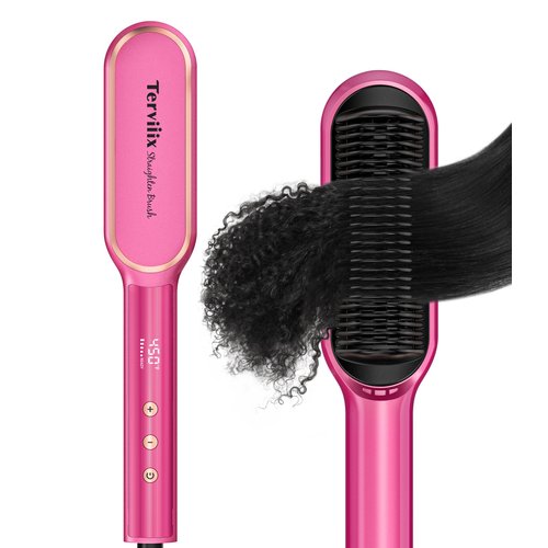 Terviiix Frizz Buster Ionic Hair Straightener Brush with MCH Heater - Rapid 450°F in 20S, Hair Straightener Comb for Efficient One-Pass, Anti-Scald, 13 Heat Settings, Dual Voltage, Pink
