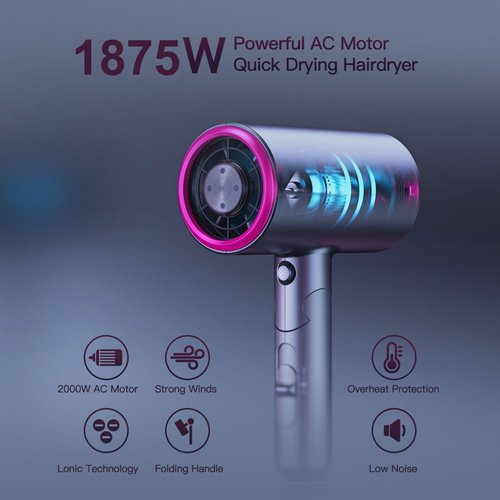 PRETFY Portable Hair Dryer, 1875W Professional Ionic Hair Blow Dryer with Diffuser, Lightweight Design, Fast Drying, Low Noise, Foldable Small Hair Dryer for Home, Travel, Salon (Gray)