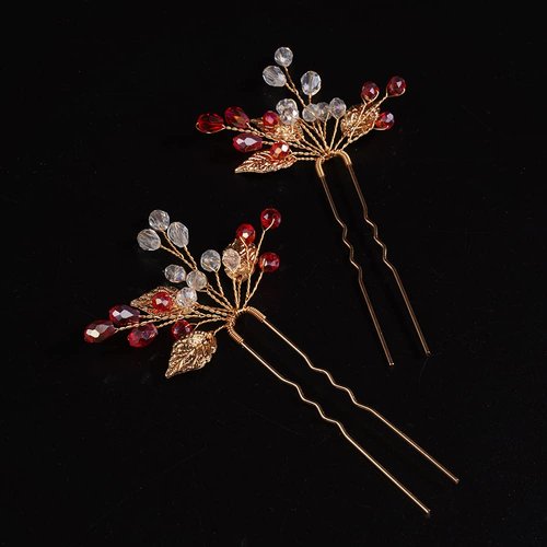 JWICOS Bride Wedding Hair Pins Vintage Leaf Bead Head Piece Wedding Hair Accessories for Women and Girls (Pack of 2) (Red)