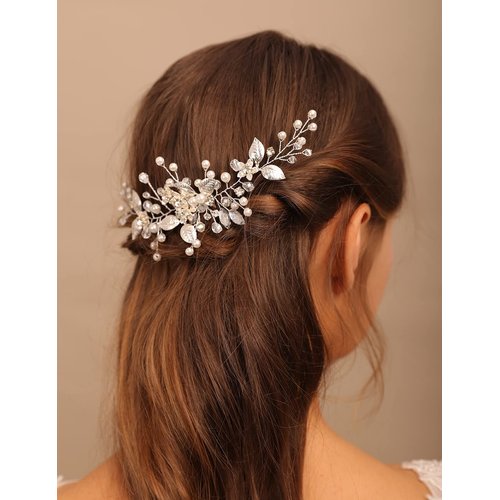 Teyglen Leaf Bride Wedding Hair Comb Silver Leaf Crystal Hair Side Comb Vintage Leaf Rhinestone Headpieces Bridal Pearl Crystal Hair Pieces Wedding Hair Accessories for Women Bride Girls